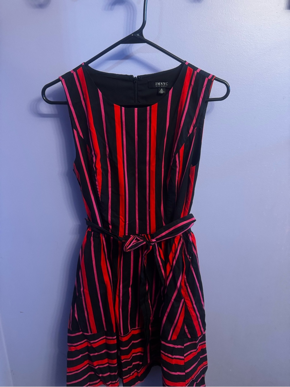 NYC Black Dress with Red and Pink Vertical Stripes